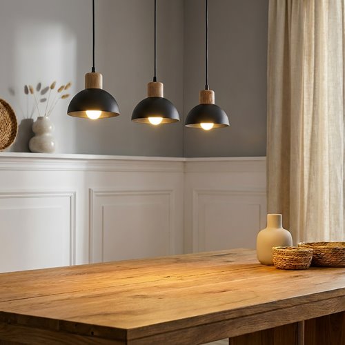 Lampa wisząca SECO 3 BL, loft, metal, czarna, drewno
