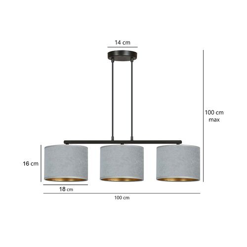 Lampa wisząca HILDE 3 BL GRAY regulowana abażur welur szary