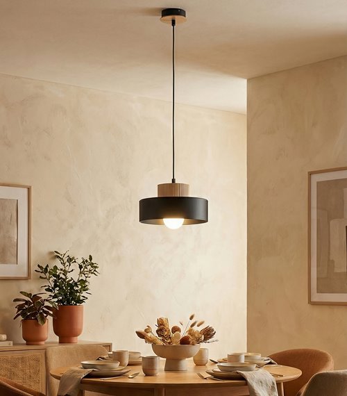 Lampa wisząca KIVI 1S BLACK nowoczesna, czarna, metal drewno