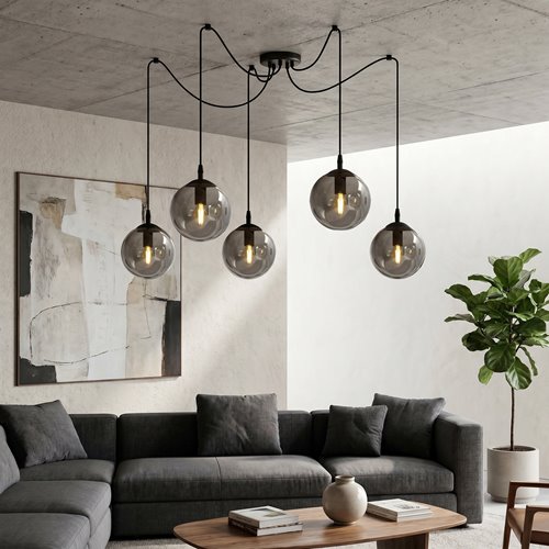 Lampa wisząca GIGI 5 BL GRAFIT pająk, klosze grafit, czarna