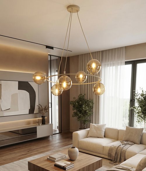 Lampa wisząca AZURA 6 MOKKA AMBER nowoczesna, klosze, beżowa