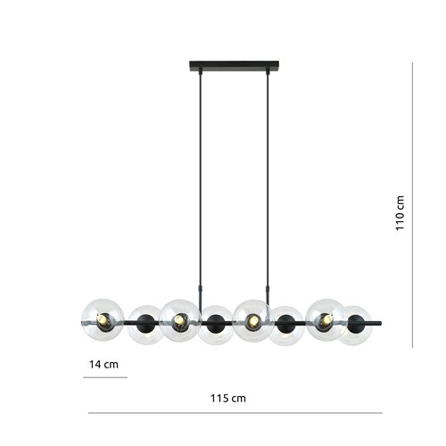 Lampa wisząca RORY 8 BLACK/TRANSPARENT loft, czarna, klosz
