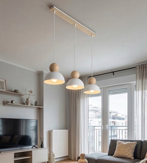 Lampa wisząca KAKI 3 WHITE nowoczesna, biała, metal drewno