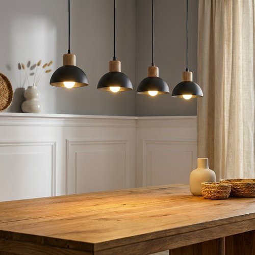 Lampa wisząca SECO 4 BL, loft, metal, czarna, drewno