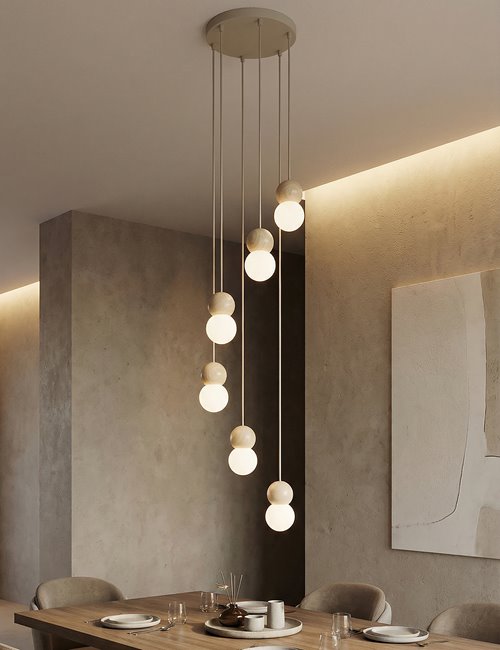 Lampa wisząca LOOP 6 MOKKA nowoczesna, beż, drewno, klosz