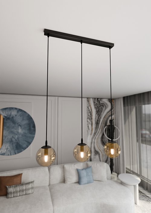 Lampa wisząca COSMO 3 BL MIODOWY loft klosz bursztyn czarna