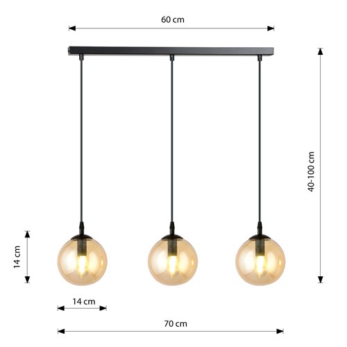 Lampa wisząca COSMO 3 BL MIODOWY loft klosz bursztyn czarna
