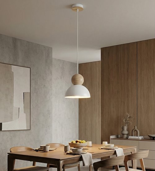 Lampa wisząca KAKI 1S WHITE nowoczesna, biała, metal drewno