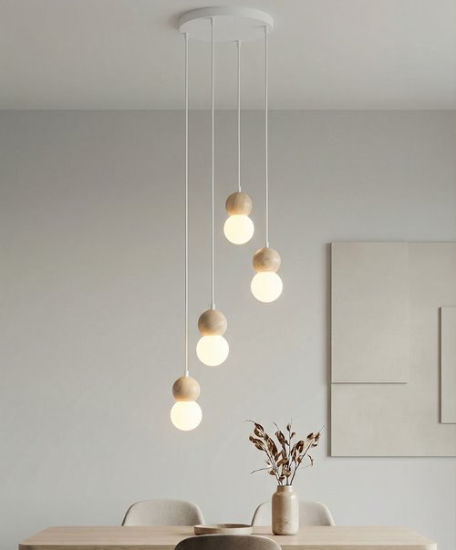 Lampa wisząca LOOP 4 WHITE nowoczesna, biała, drewno, klosz