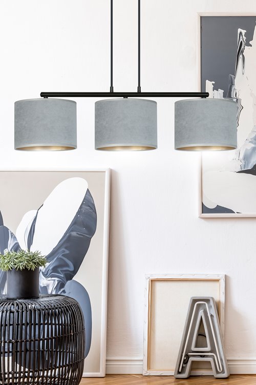 Lampa wisząca HILDE 3 BL GRAY regulowana abażur welur szary