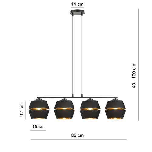 Lampa wisząca PIANO 4 BLACK/GOLD abażury welur czarna/złota