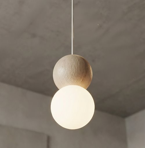 Lampa wisząca LOOP 6 MOKKA nowoczesna, beż, drewno, klosz