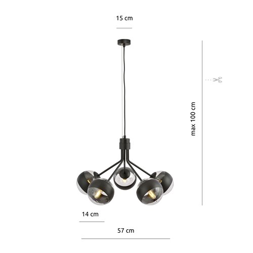 Lampa wisząca NOVA 5 BL/STRIPE klosze czarna/transparent