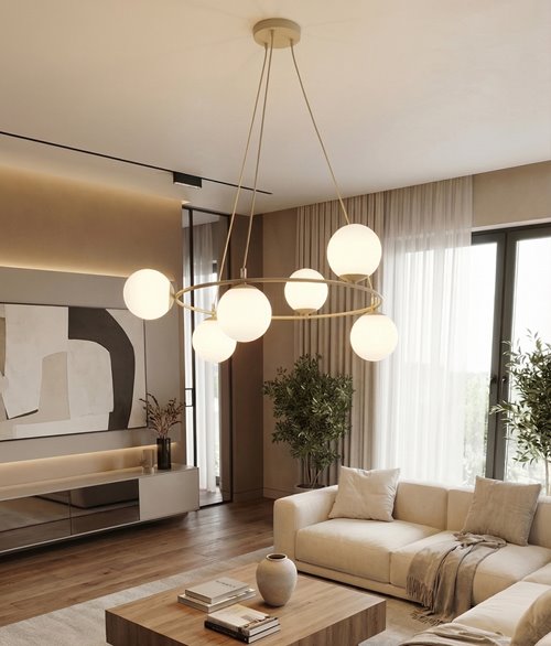 Lampa wisząca AZURA 6 MOKKA OPAL nowoczesna, klosze, beżowa