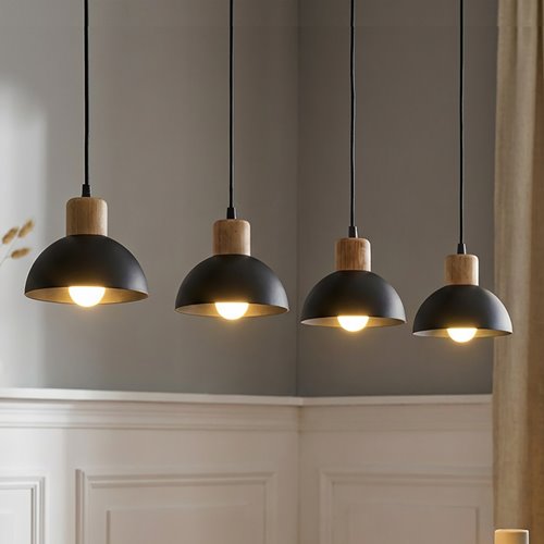 Lampa wisząca SECO 4 BL, loft, metal, czarna, drewno
