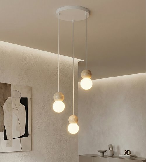 Lampa wisząca LOOP 3 WHITE nowoczesna, biała, drewno, klosz