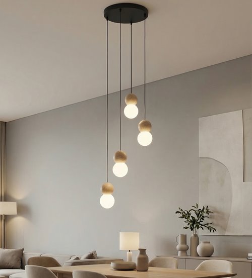 Lampa wisząca LOOP 4 BLACK nowoczesna, czarna, drewno, klosz