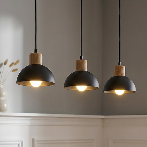Lampa wisząca SECO 3 BL, loft, metal, czarna, drewno