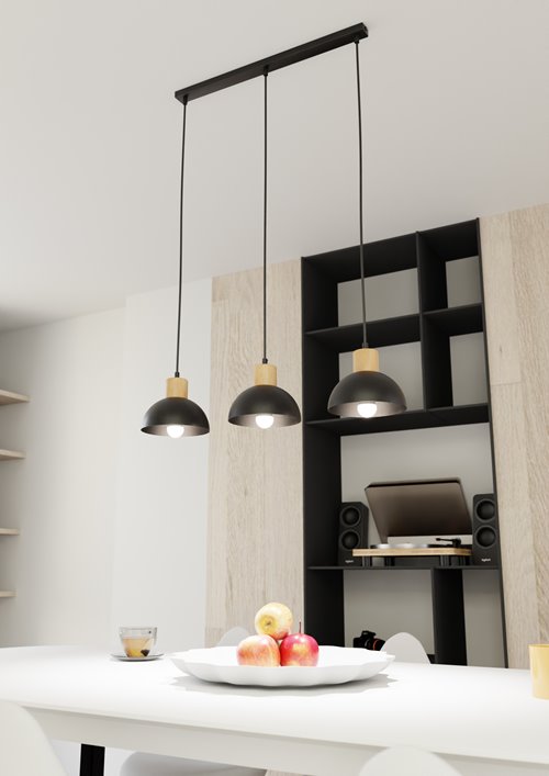 Lampa wisząca SECO 3 BL, loft, metal, czarna, drewno