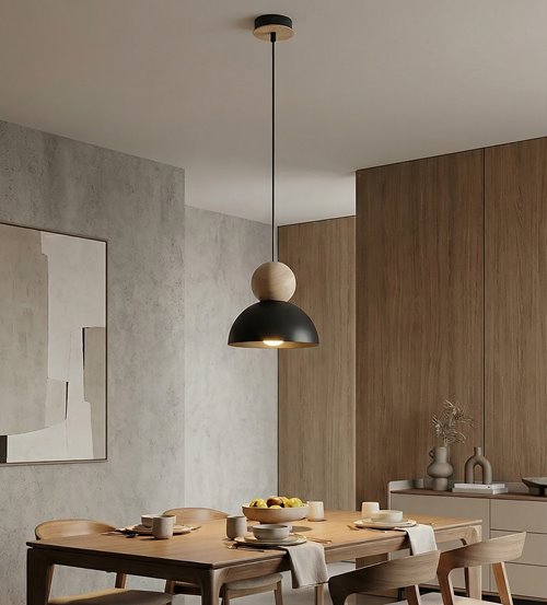 Lampa wisząca KAKI 1S BLACK nowoczesna, czarna, metal drewno