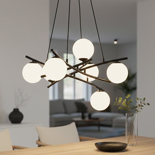 Lampa wisząca ESSA 5 OPAL klosze kule DESIGN czarna/biała