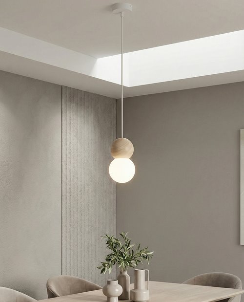 Lampa wisząca LOOP 1 WHITE nowoczesna, biała, drewno, klosz