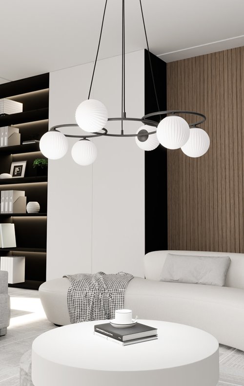 Lampa wisząca LIBRA 6 BL OPAL, design, klosz, biały, czarny