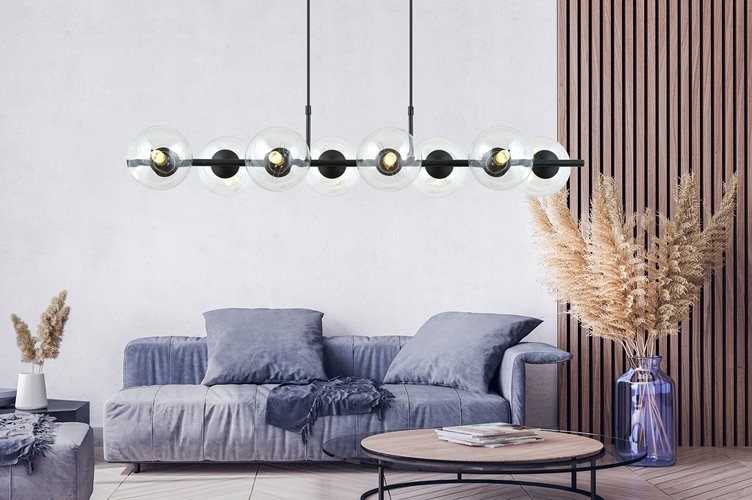 Lampa wisząca RORY 8 BLACK/TRANSPARENT loft, czarna, klosz