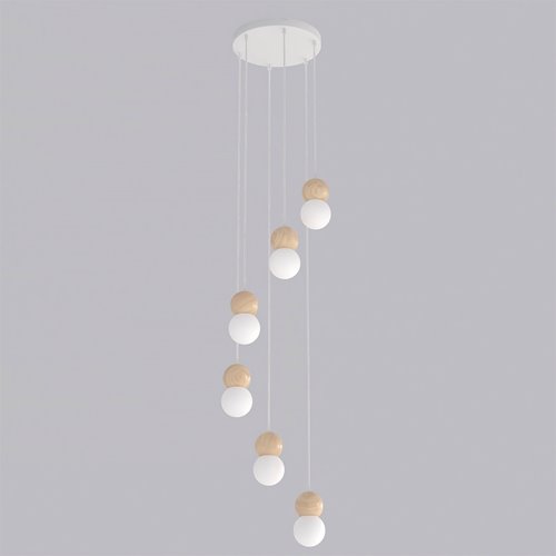 Lampa wisząca LOOP 6 WHITE nowoczesna, biała, drewno, klosz