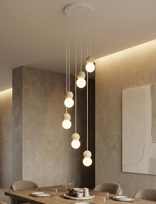 Lampa wisząca LOOP 6 WHITE nowoczesna, biała, drewno, klosz