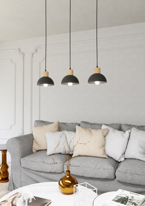 Lampa wisząca SECO 3 BL, loft, metal, czarna, drewno