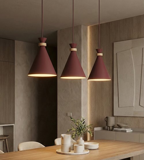Lampa wisząca ZERO 3 BURGUNDY nowoczesna, metal, drewno