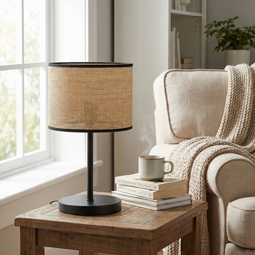 Lampka nocna ECO LN1 RATTAN abażur, beżowa, klasyczna