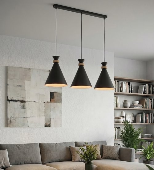 Lampa wisząca ZERO 3 BLACK nowoczesna, czarna, metal, drewno