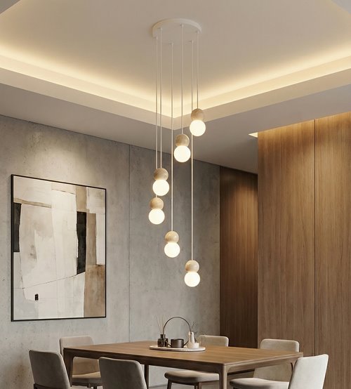 Lampa wisząca LOOP 6 WHITE nowoczesna, biała, drewno, klosz