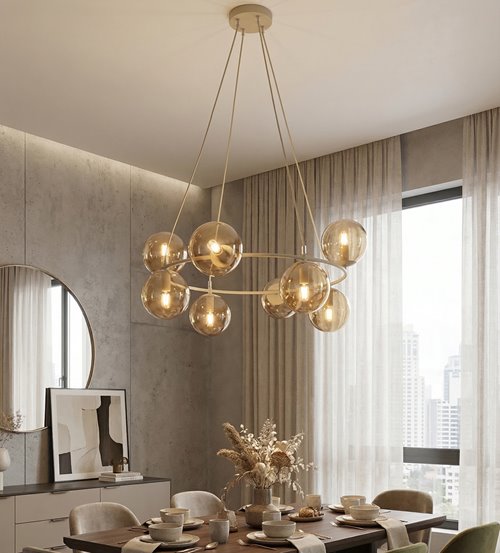 Lampa wisząca AZURA 8 MOKKA AMBER nowoczesna, klosze, beżowa