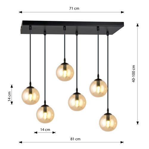 Lampa wisząca COSMO 6 BL MIODOWY loft klosze bursztyn czarna