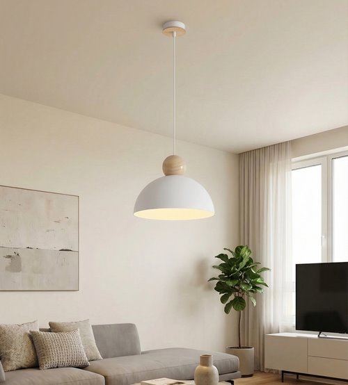 Lampa wisząca KAKI 1M WHITE nowoczesna, biała, metal drewno