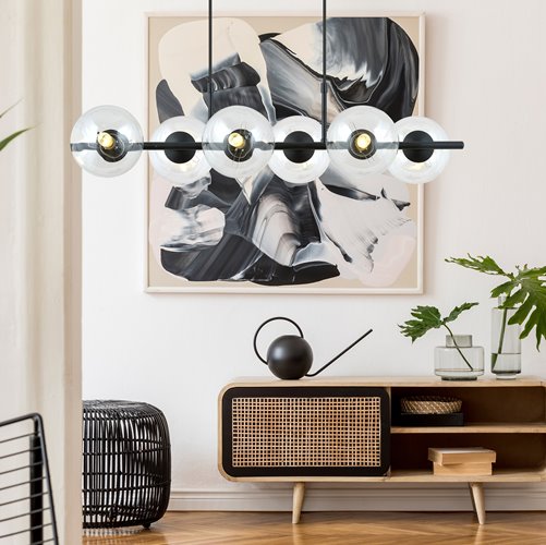 Lampa wisząca RORY 6 BLACK/TRANSPARENT loft, czarna, klosz