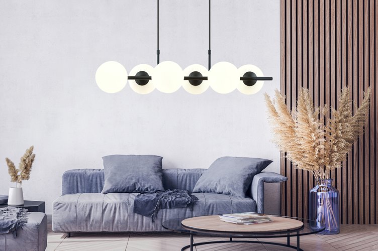 Lampa wisząca RORY 6 BLACK/OPAL loft, czarna, klosz