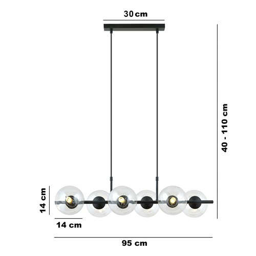 Lampa wisząca RORY 6 BLACK/TRANSPARENT loft, czarna, klosz