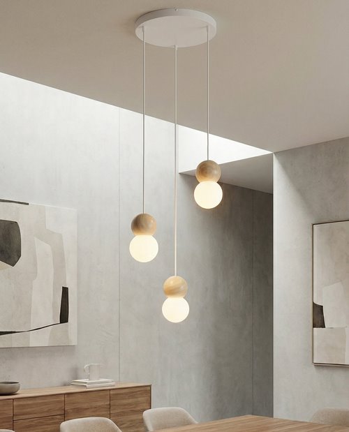 Lampa wisząca LOOP 3 WHITE nowoczesna, biała, drewno, klosz