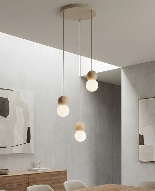 Lampa wisząca LOOP 3 MOKKA nowoczesna, beż, drewno, klosz