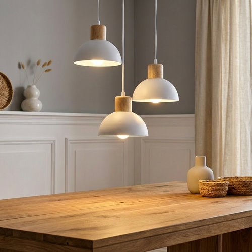 Lampa wisząca SECO 3 WH PREM, loft, metal, biała, drewno
