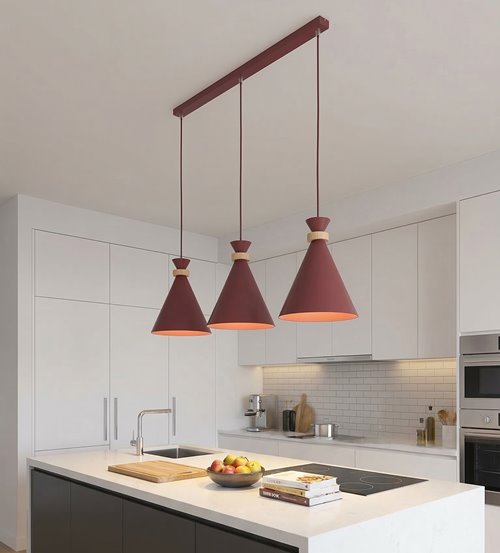 Lampa wisząca ZERO 3 BURGUNDY nowoczesna, metal, drewno