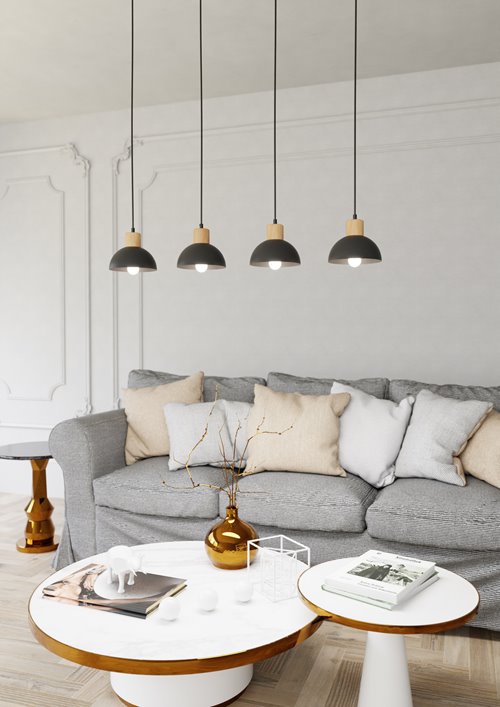 Lampa wisząca SECO 4 BL, loft, metal, czarna, drewno