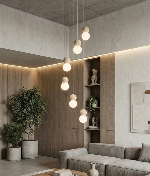 Lampa wisząca LOOP 6 MOKKA nowoczesna, beż, drewno, klosz