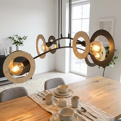 Lampa wisząca SKIVA 4 BL nowoczesna, czarna, metal, drewno