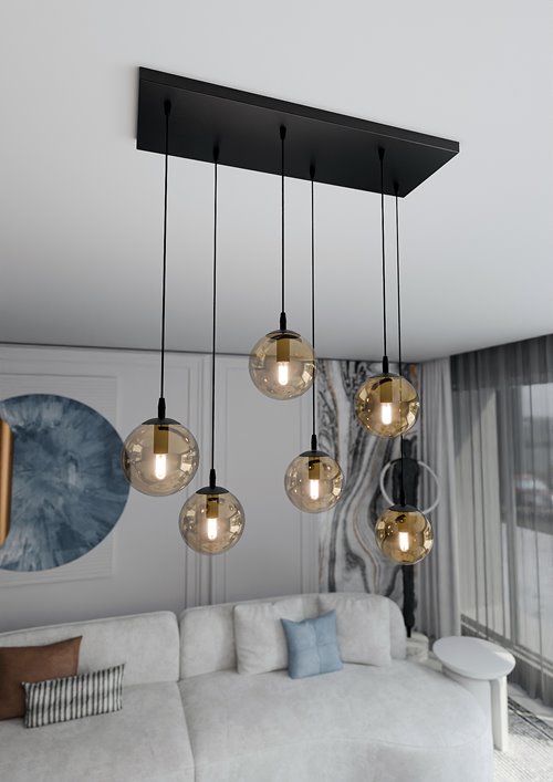 Lampa wisząca COSMO 6 BL MIODOWY loft klosze bursztyn czarna