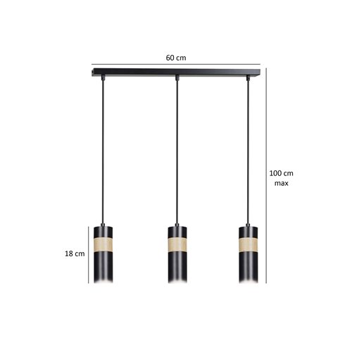 Lampa wisząca AKARI 3 BLACK skandynawska tuby drewno czarna